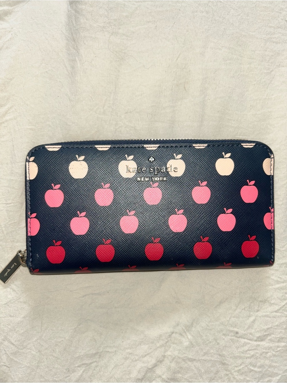 kate spade navy zip-around wallet with pink & red apple print